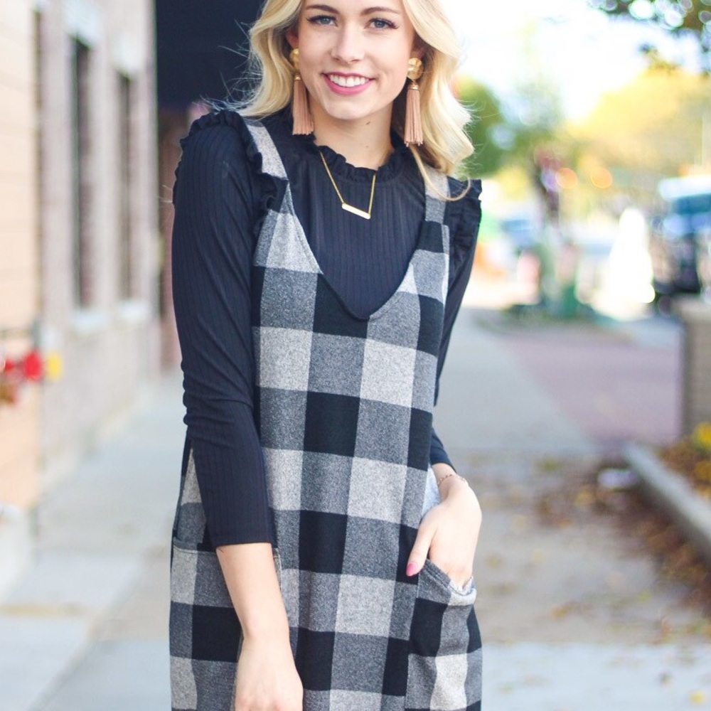 NWOT Plaid Jumper Overall Pinafore Midi Dress